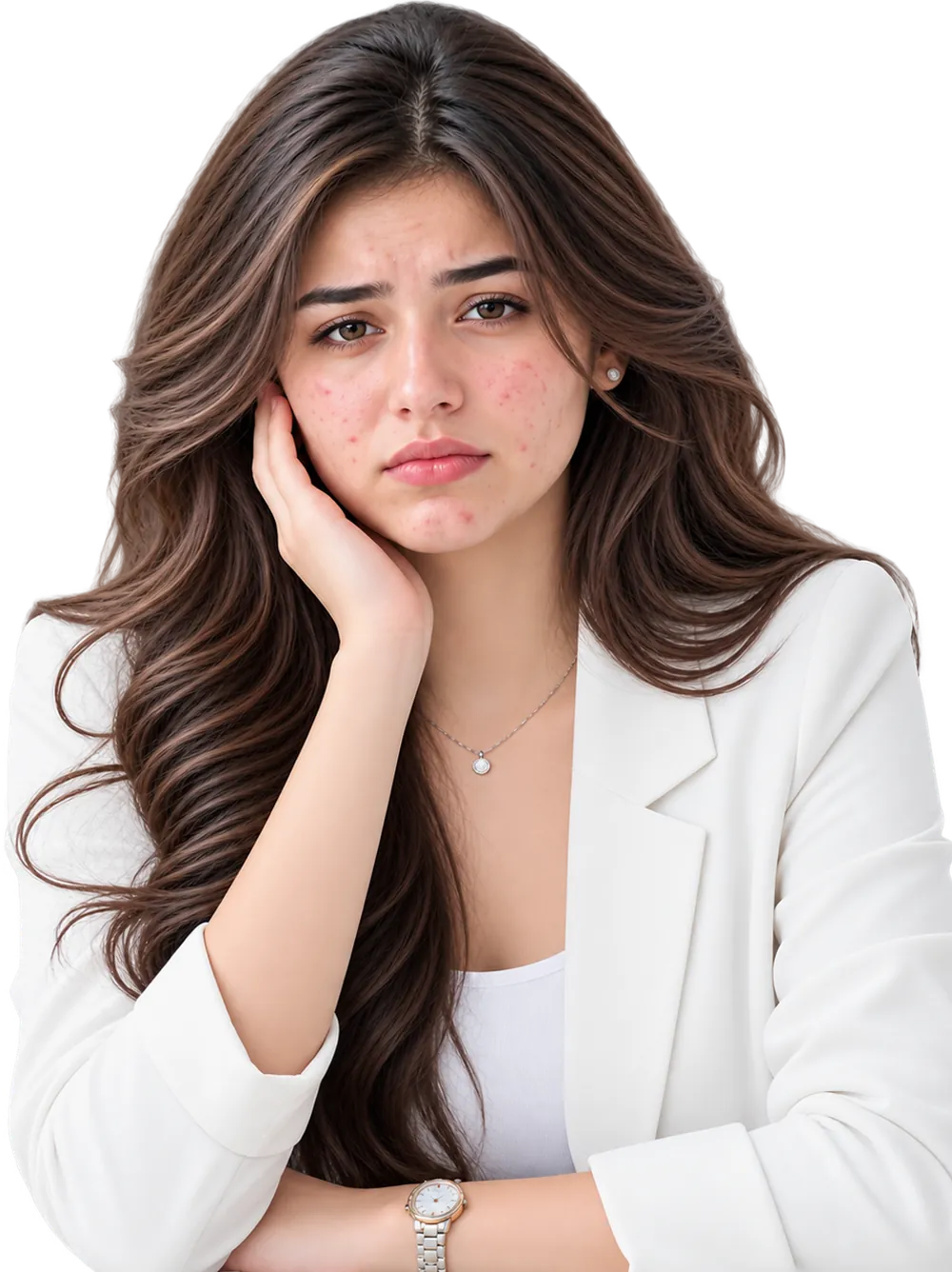 An illustration of a woman with acne-prone skin on her cheeks, forehead and chin